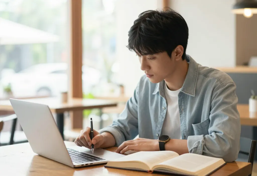 국민내일배움카드로 새 기술을 배우려 노트북 앞에서 공부하는 모습
