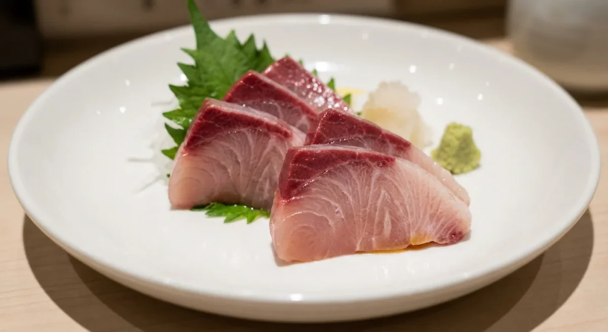 겨울철 기름진 방어회의 마블링과 신선한 모습