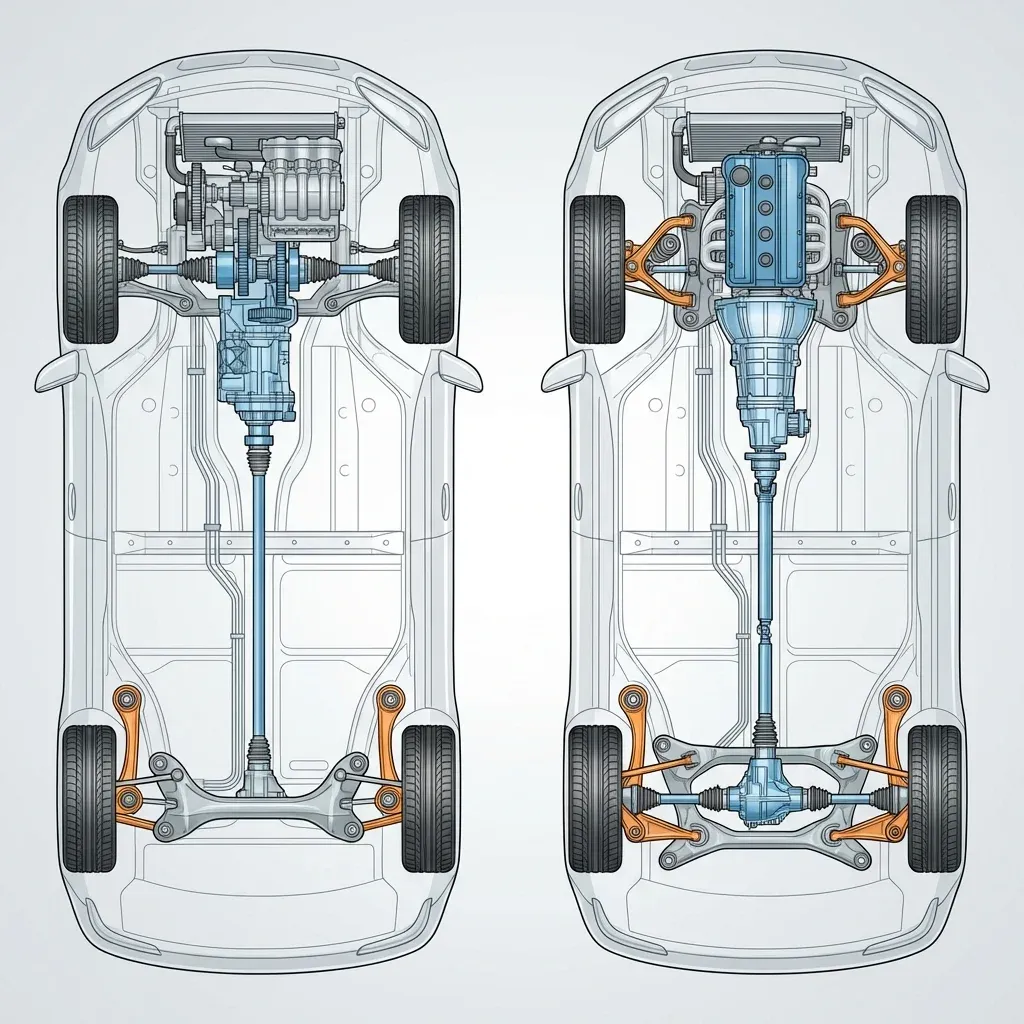 자동차 구동방식을 보여주는 기술적 다이어그램
