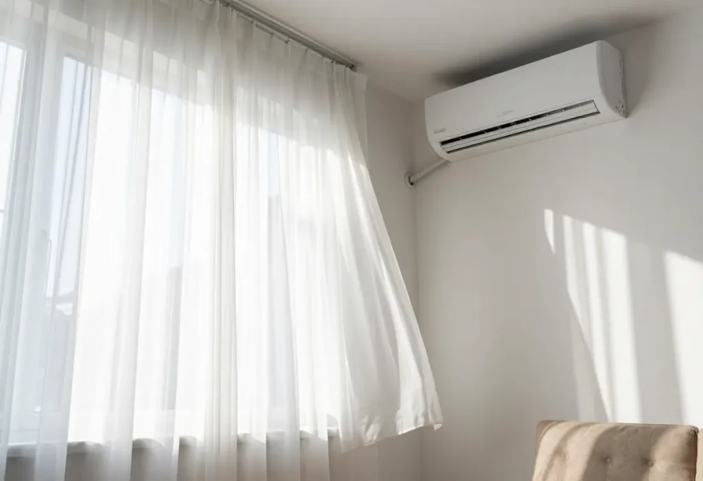 송풍 건조로 커튼이 날리는 방, 에어컨 냄새 제거