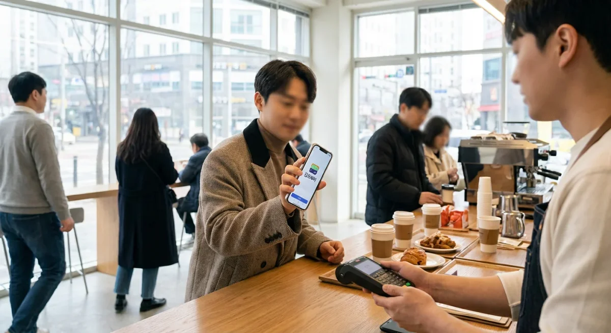 김포페이 모바일 앱 결제 화면과 다양한 가맹점 로고들