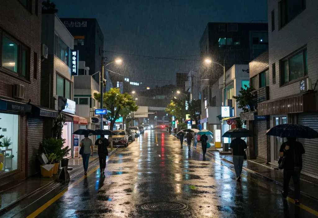 수도권 집중호우로 물에 젖은 밤 도심 거리
