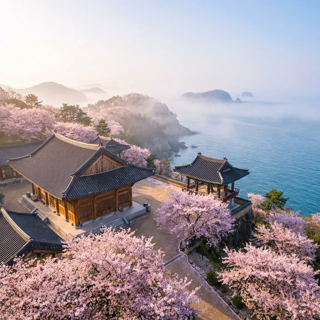 바다와 벚꽃이 어우러진 인천 해안 사찰