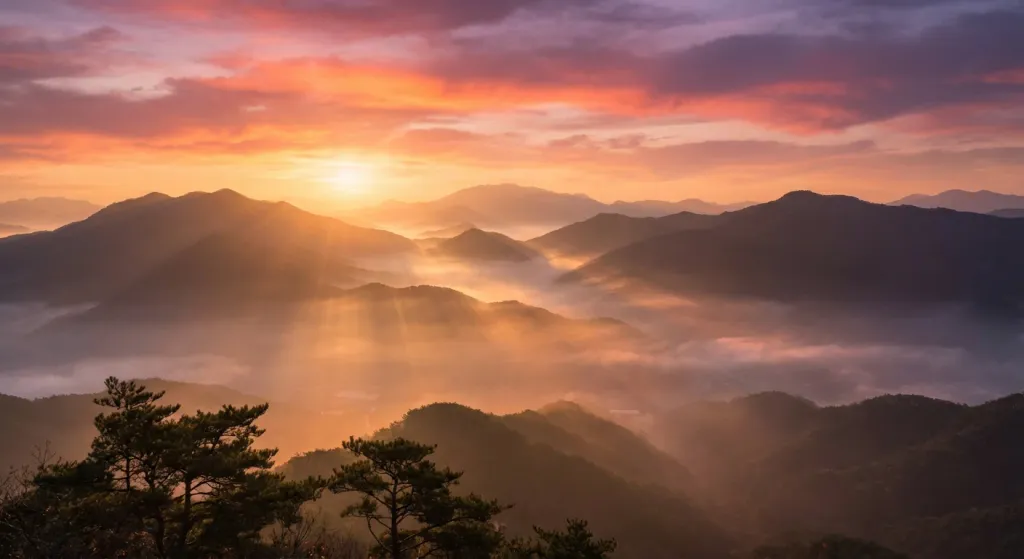 경기도 산악 지형에서 떠오르는 장엄한 일출 풍경
