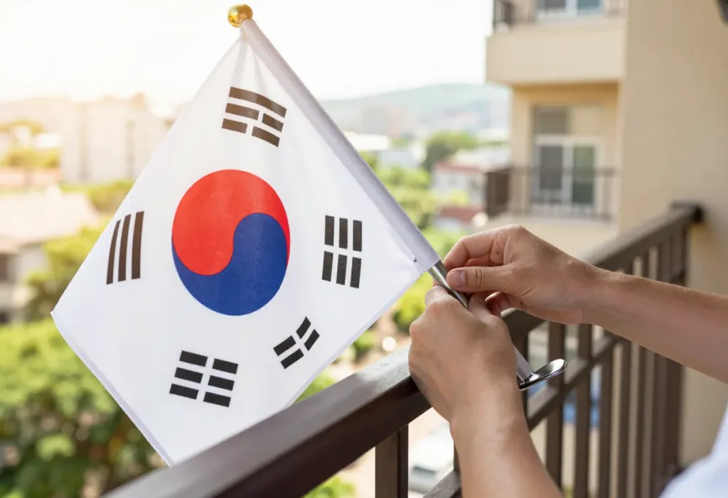 아파트 베란다 난간에 태극기를 다는 손, 태극기 다는 위치