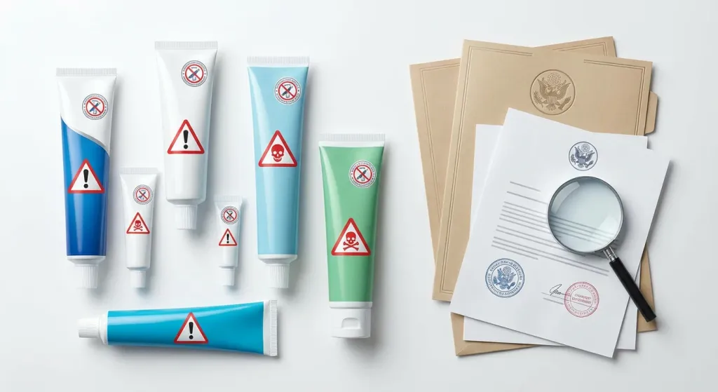 2080 치약 회수 대상 제품들과 안전 경고 표시