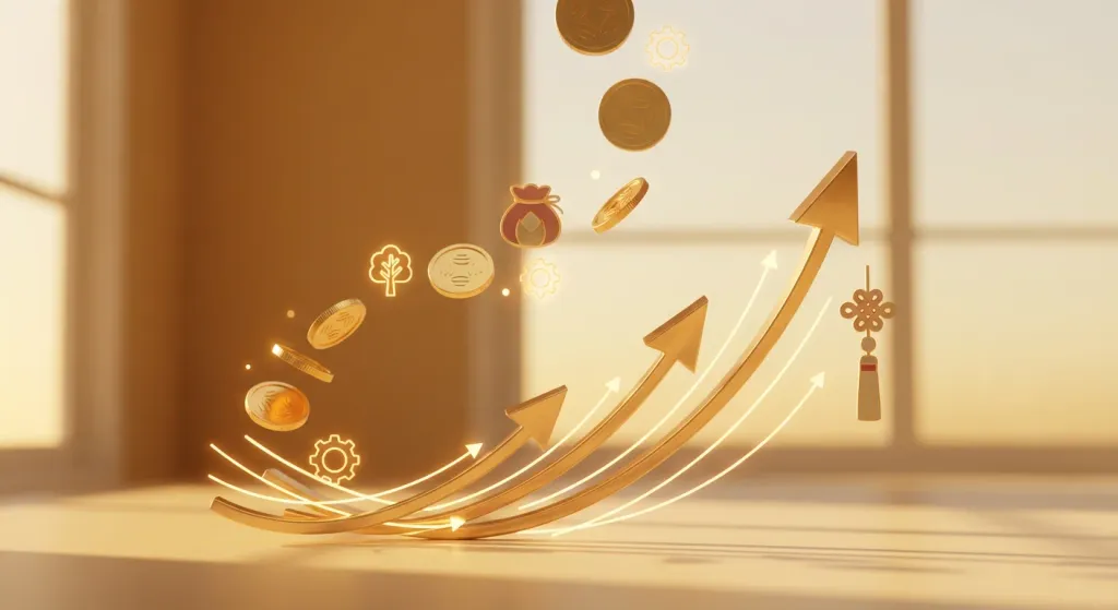 토끼띠의 상반기 금전운을 나타내는 황금빛 동전과 성장 그래프