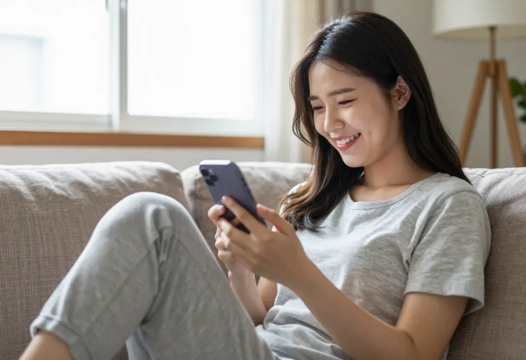 근로장려금 지급 소식에 스마트폰을 확인하며 안도하는 모습