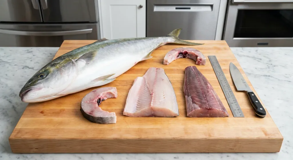 대방어의 다양한 부위별 회 종류와 크기 비교