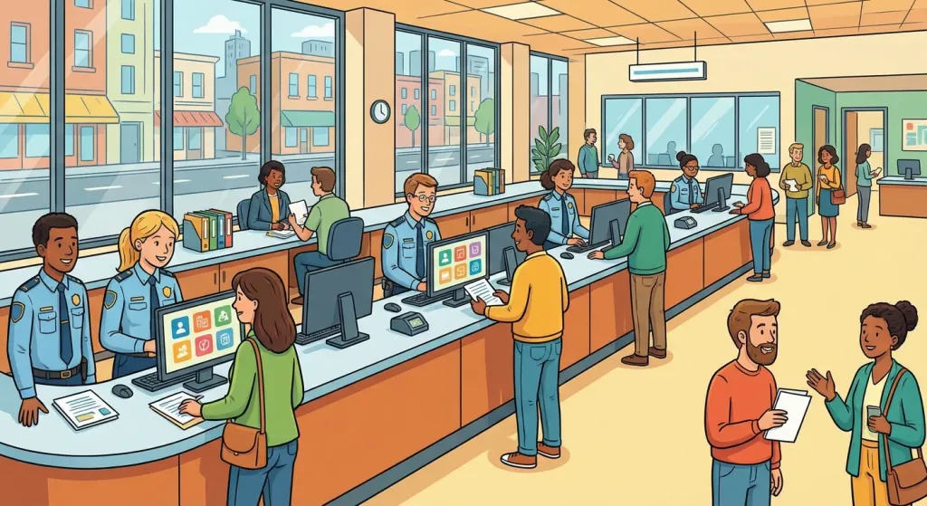 면허시험장 발급 창구에서 상담받는 장면