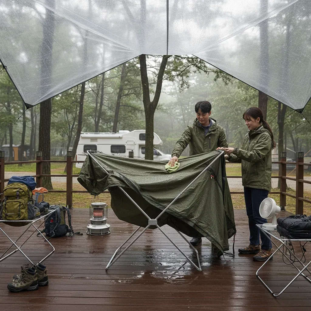 우중 캠핑 후 젖은 텐트 관리의 중요성 관련 시각 자료
